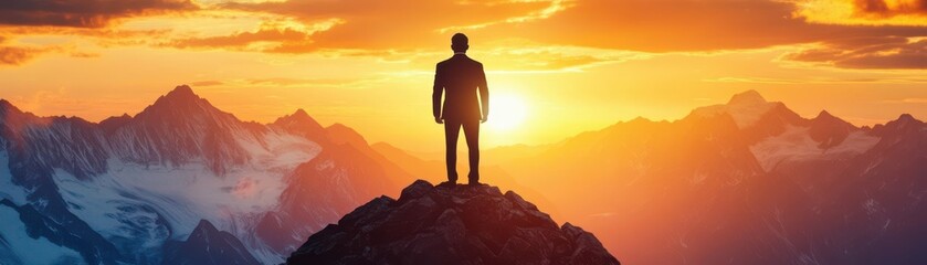 Fototapeta premium Silhouetted leader standing atop a mountain, sunrise in background, symbolizing vision and ambition