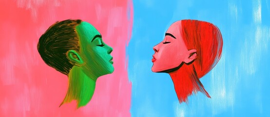 Abstract Digital Painting Two Women Profiles Green Red Pixel Art