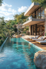 Photographie immobilière extérieure d’une terrasse avec piscine de maison secondaire de villa...