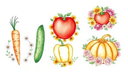 Watercolor Autumn Harvest Vegetables Flowers Farm Fresh Produce Food Illustration