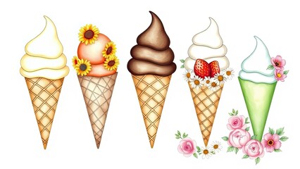 Delicious Ice Cream Cones with Flowers Summer Treats Sweet Dessert