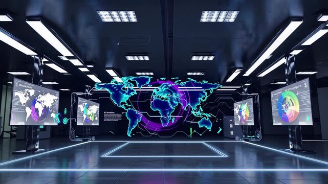 Animated holographic world map with data and information displayed in a dark, futuristic command center with multiple screens showing various metrics