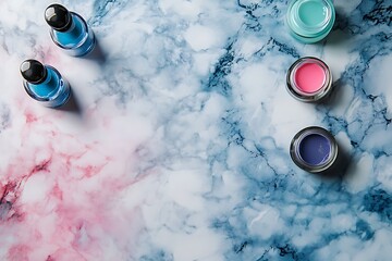 Pastel Nail Polish and Makeup Colors on Marble Background