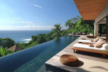 Photographie immobilière extérieure d’une terrasse avec piscine de maison secondaire de villa luxueuse avec terrasse en bois et vue tropicale. rendu 3D, HDR, idées déco et aménagement tendance.