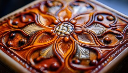 An ultra-macro image of a ceramic tile, highlighting the detailed patterns and the smooth glaze reflections, showcasing the craftsmanship and vibrant colors of the surface.
