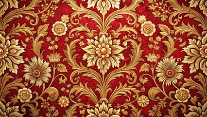 Ornate floral patterns in rich red and gold hues on vintage fabric, evoking a sense of festive tradition , red, festive, red