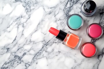 Vibrant Nail Polish and Makeup Colors on Marble Background
