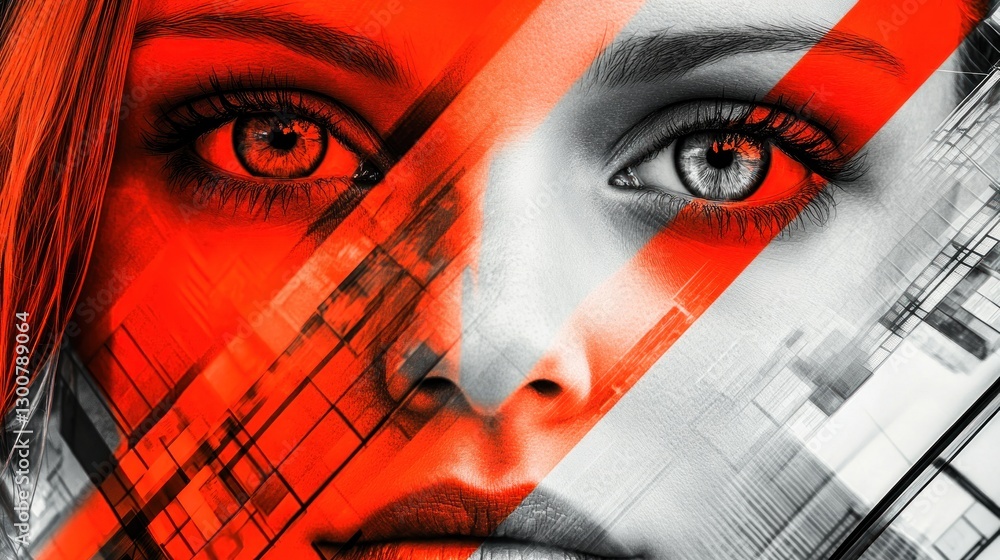 Poster a digitally manipulated portrait featuring a woman's face with geometric patterns and a red overlay.