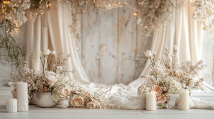 Elegant Wedding Floral Arrangement with Candles and Soft Fabrics