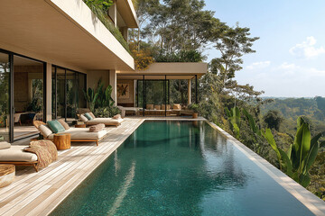 Photographie immobilière extérieure d’une terrasse avec piscine de maison secondaire de villa...