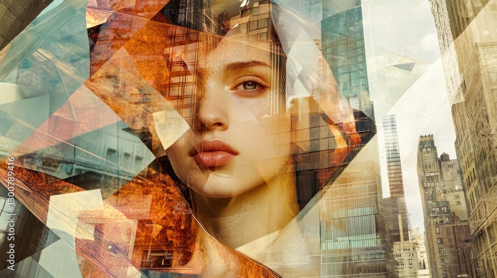 Poster a layered portrait blending urban elements with a woman's face, evoking modernity and complexity.