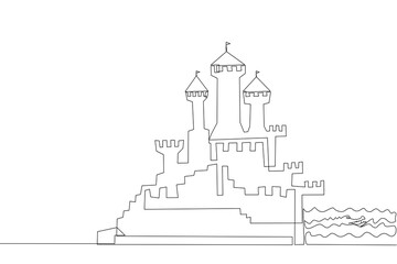 Fototapeta premium Minimalist continuous one line drawing of a medieval castle on a rocky shore, featuring towers, battlements, and surrounding waves. Perfect for storytelling, and fantasy themes. Vector Editable stroke
