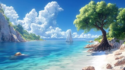 Pemandangan pantai tropis dengan air jernih dan langit cerah. Alam konsep