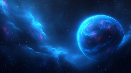 Obraz premium Celestial Body Glowing Blue Amidst Cosmic Nebula