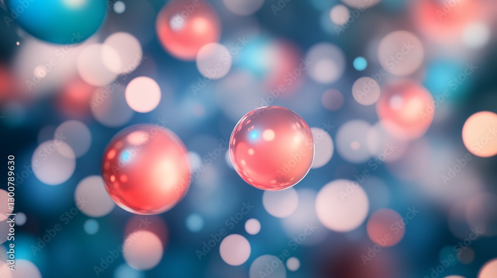 Poster abstract background with floating shiny spheres and bokeh lights