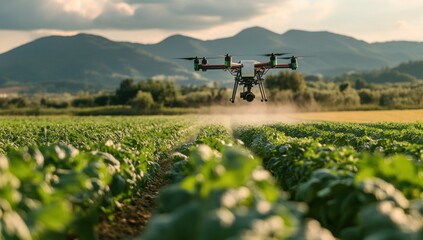 Drone spraying crops in a vast agricultural field.