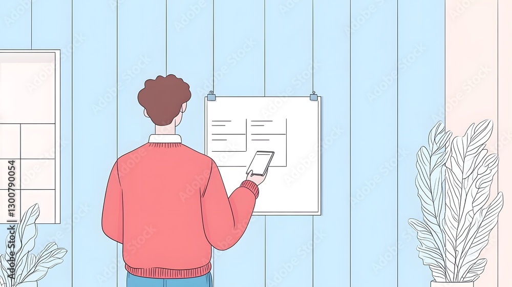 Poster person checking to-do list in minimalist workspace, productivity concept