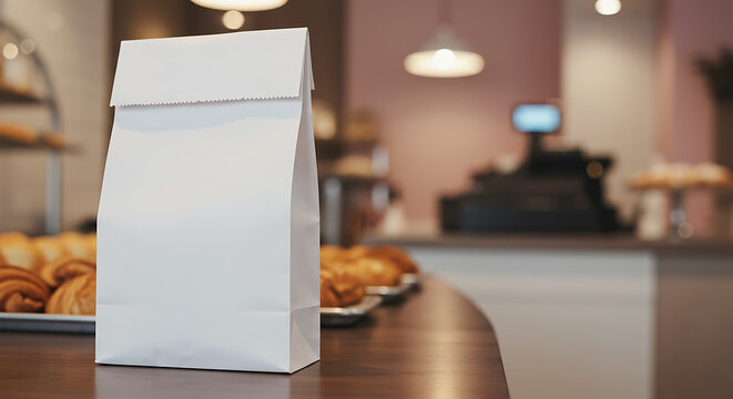 White paper bag mockup standing upright on a bakery counter with blurred bread and pastries behind.