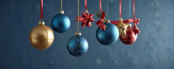 Hanging Christmas ornaments on a blue background,  background,  color