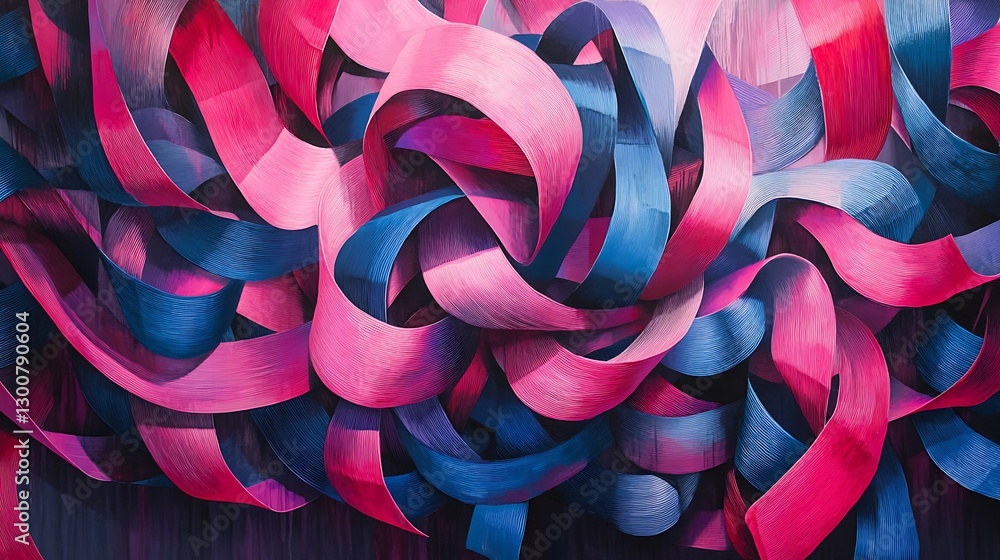 Poster a swirling vortex of overlapping wavy ribbons in neon pink and blue, creating a sense of movement
