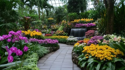 Obraz premium Orchid garden tropical relaxation concept. A vibrant garden path adorned with colorful orchids and lush greenery, leading to a tranquil waterfall, creating a serene natural oasis.