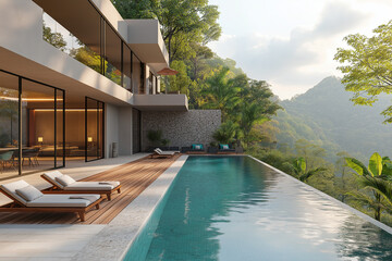 Photographie immobilière extérieure d’une terrasse avec piscine de maison secondaire de villa luxueuse avec terrasse en bois et vue tropicale. rendu 3D, HDR, idées déco et aménagement tendance.