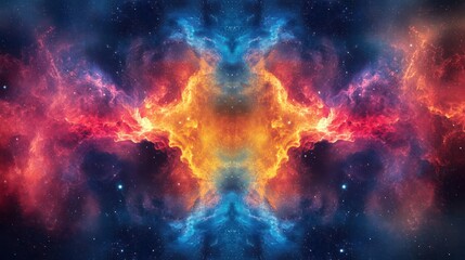 Fototapeta premium Symmetrical nebula with fiery orange and cool blue hues.