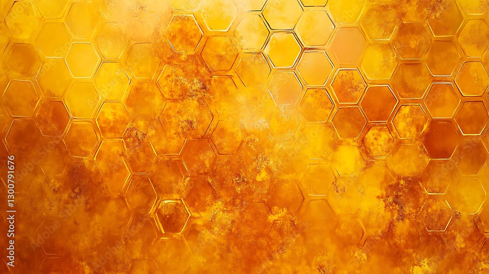 Poster a tessellated honeycomb pattern in golden yellow and orange tones, creating depth and symmetry