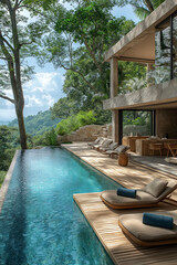 Photographie immobilière extérieure d’une terrasse avec piscine de maison secondaire de villa...