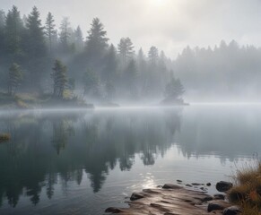 Fototapeta premium Misty morning fog rolling over a lake's surface, lake, watercolor