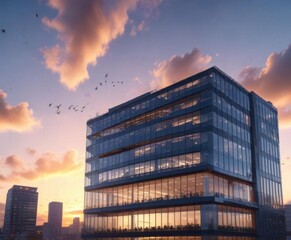 Modern office building at sunset with a bright blue sky and a few birds flying in the air,  office,  urban,  architecture