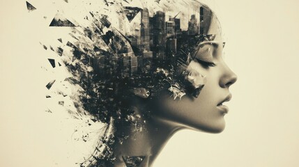 A surreal profile of a woman merging with a cityscape, symbolizing thoughts and urban life.