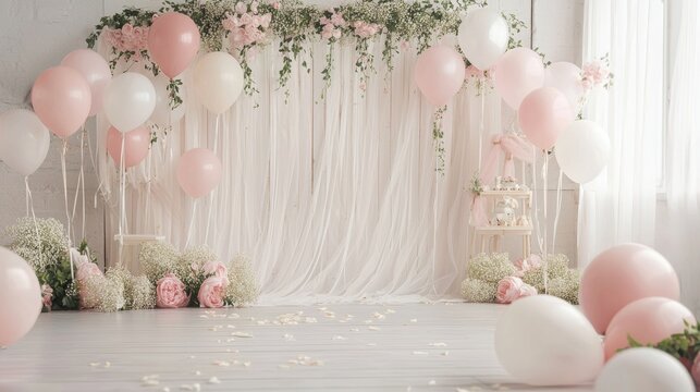 Elegant Pink and White Balloon Birthday Party Setup