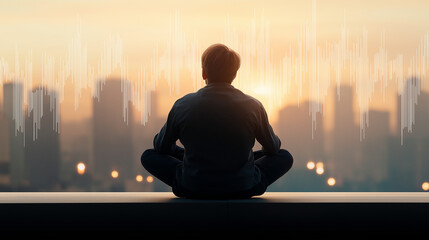Professional meditating on urban rooftop during sunrise, visualizing soundwaves while practicing yoga, embodying corporate wellness and mindful work life harmony