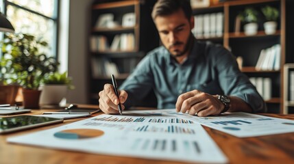 Naklejka premium Business Professional Analyzing Data Charts in Modern Office Space