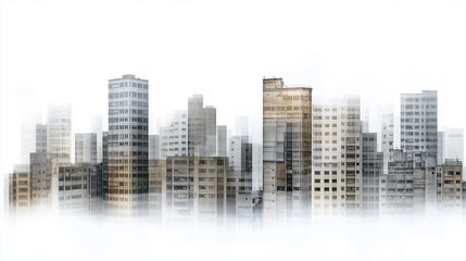 Fototapeta premium Layered cityscape revealing skyscrapers and residential buildings rising through dense fog, generating enigmatic urban landscape with ethereal, atmospheric depth