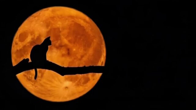 Eerie Silhouette of a Cat Perched on a Branch Against a Massive Orange Harvest Moon
