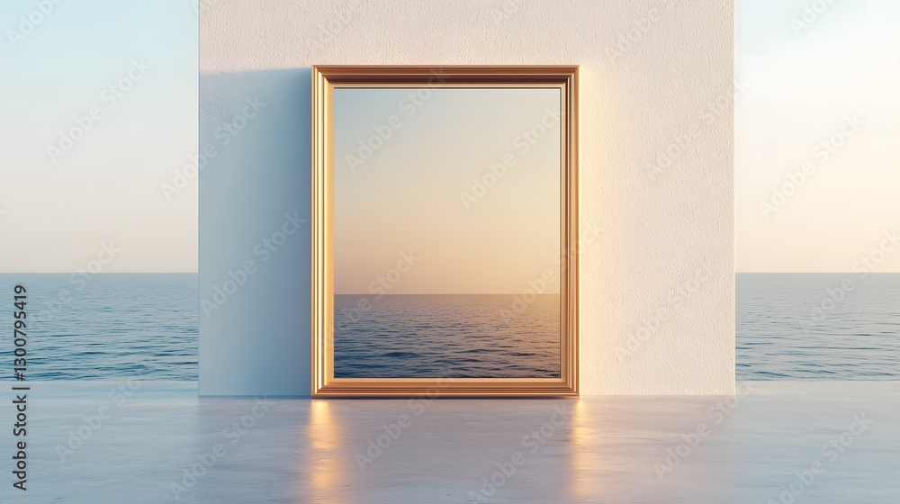 Poster ethereal golden frame floating in surreal coastal landscape with tranquil reflections
