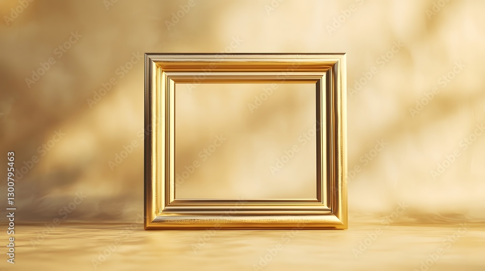 Poster floating golden luxury frame in surreal ethereal setting with soft reflections and shadows