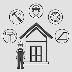 Fototapeta premium Construction Worker Silhouette Tools and House Framing Icons