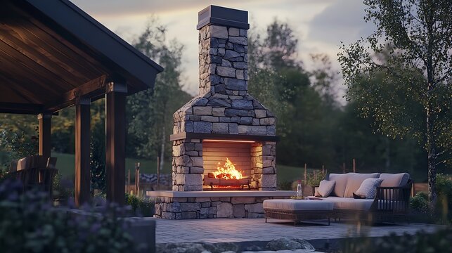 Outdoor Stone Fireplace with Burning Fire and Comfortable Lounge Area