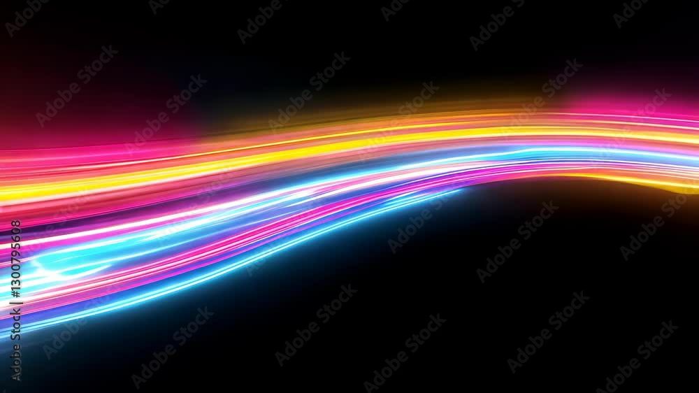 Poster dynamic explosion of neon light trails forming vivid fluid shapes against a dark background with vib