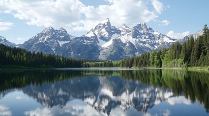 Fototapeta premium Majestic mountain range reflected in pristine lake under clear blue sky