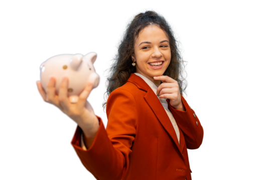 Smiling businesswoman holding piggy bank on transparent background