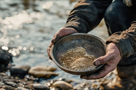 A close-up of a prospector’s hands holding a sieve filled with gold particles, symbolizing hard work, perseverance, and the search for wealth in nature.