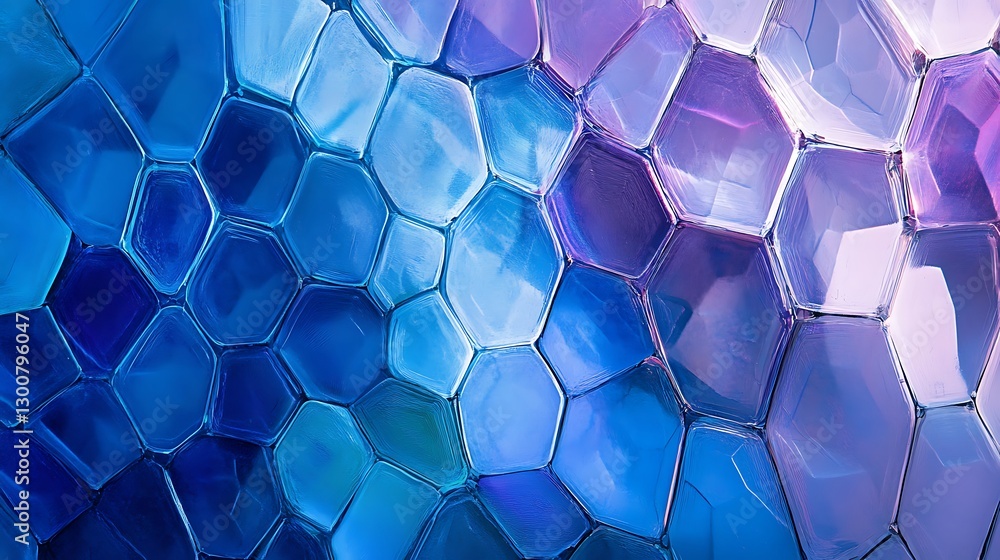 Poster an abstract banner of overlapping translucent hexagons in shades of blue and purple, creating a futu