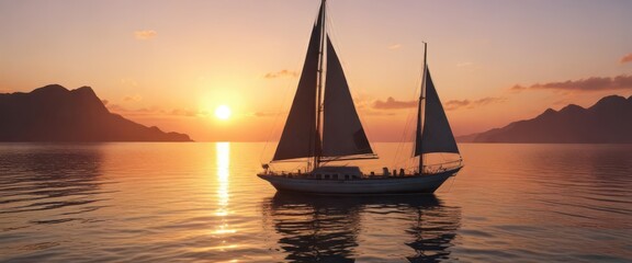 A sailing boat with a bright sunset background,  marina,  sky