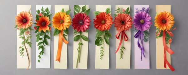 A set of four vibrant flower bookmarks with ribbons and leaves ,  stationery,  bookmarks,  reading