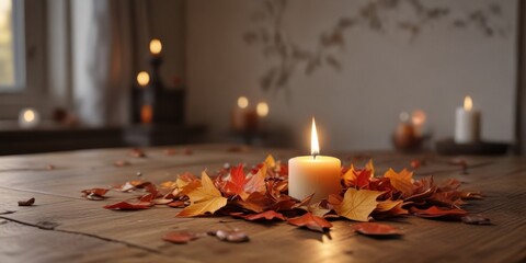 Autumn leaves scattered on a wooden table with a warm candle flame, nature, autumn, background