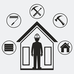 Fototapeta premium Construction Industry Icons Worker, Tools, and House Framing